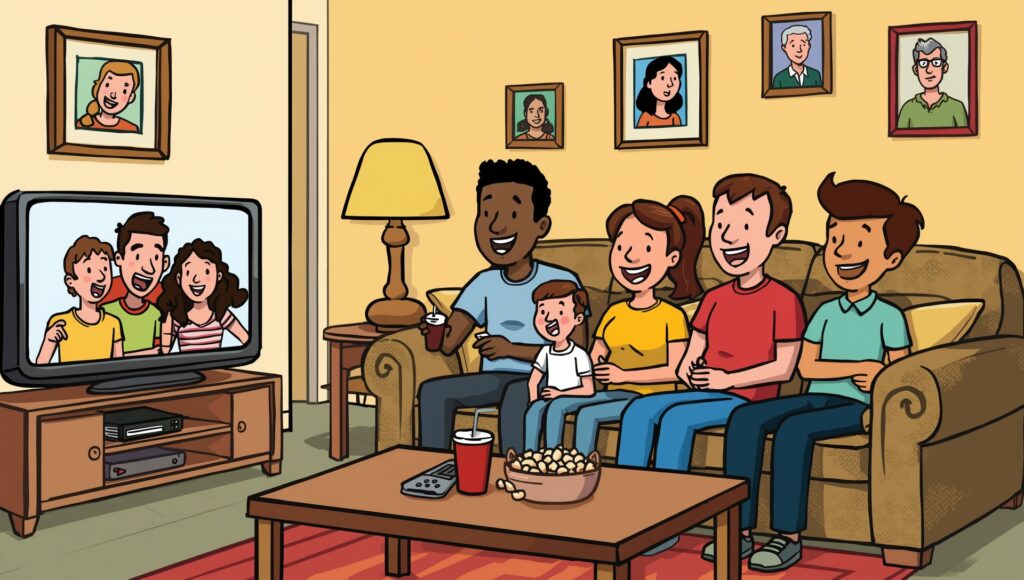 Cartoonstyle illustration of a happy family and f 2